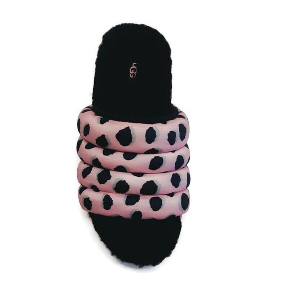 UGG Womens 8 Maxi Slide Cheetah Print Sheepskin Platform Slippers Pink Scallop - Picture 2 of 8